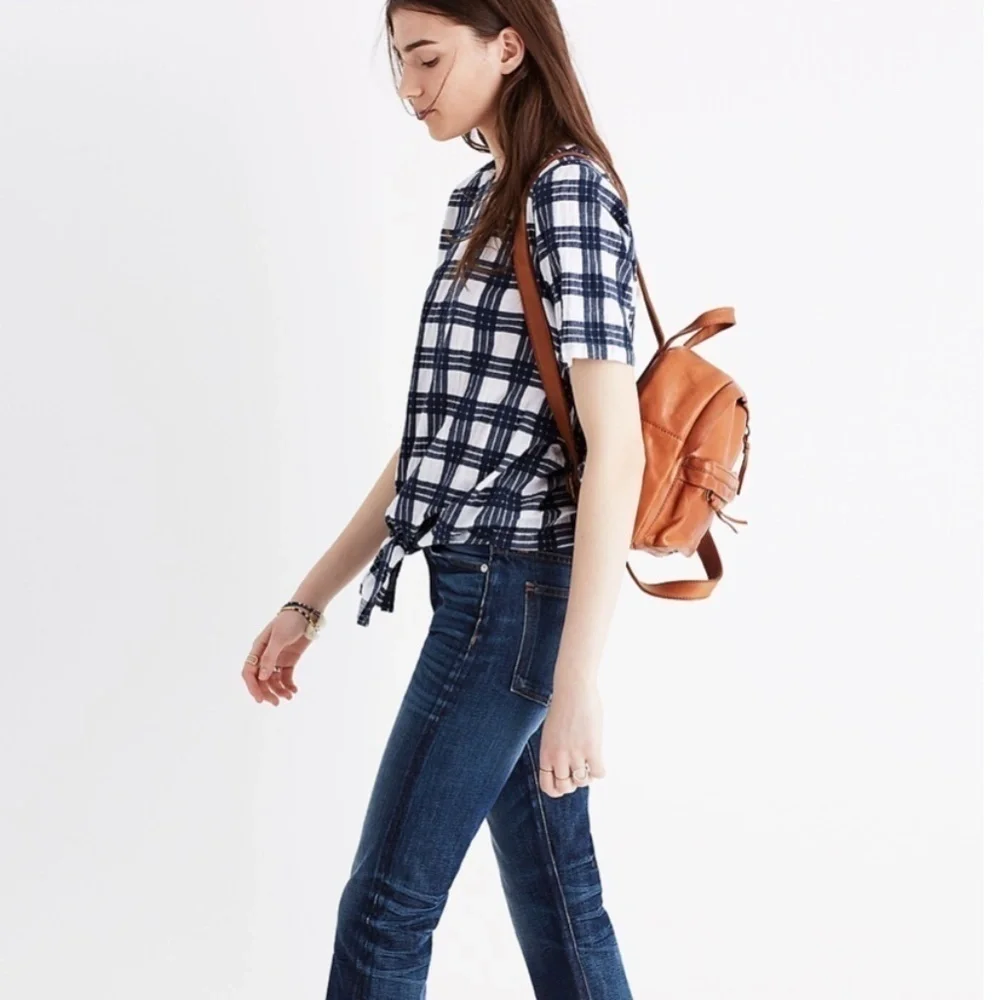 🍕🪻Madewell Plaid Button-Back Tie Tee blue white small CLOSEOUT